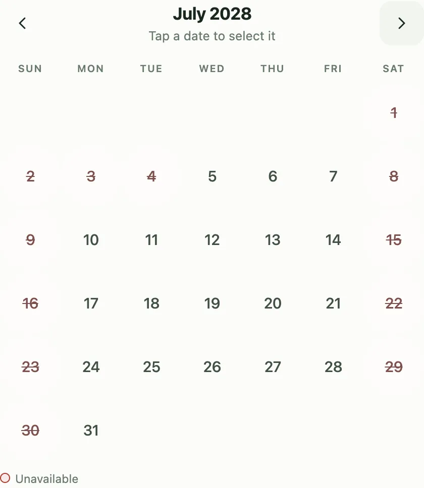 Month grid where full days are struck through and the weekends of a weekday-only service are struck through as unavailable