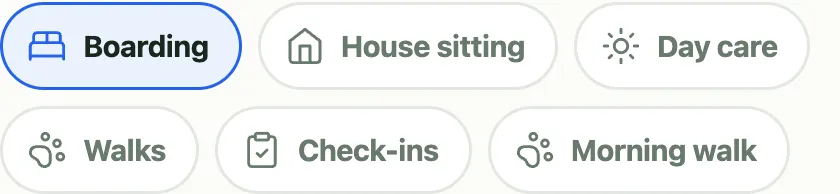 The widget's service picker: Boarding selected from a row of services including House sitting, Daycare, Walk, Check-in, and Morning walk