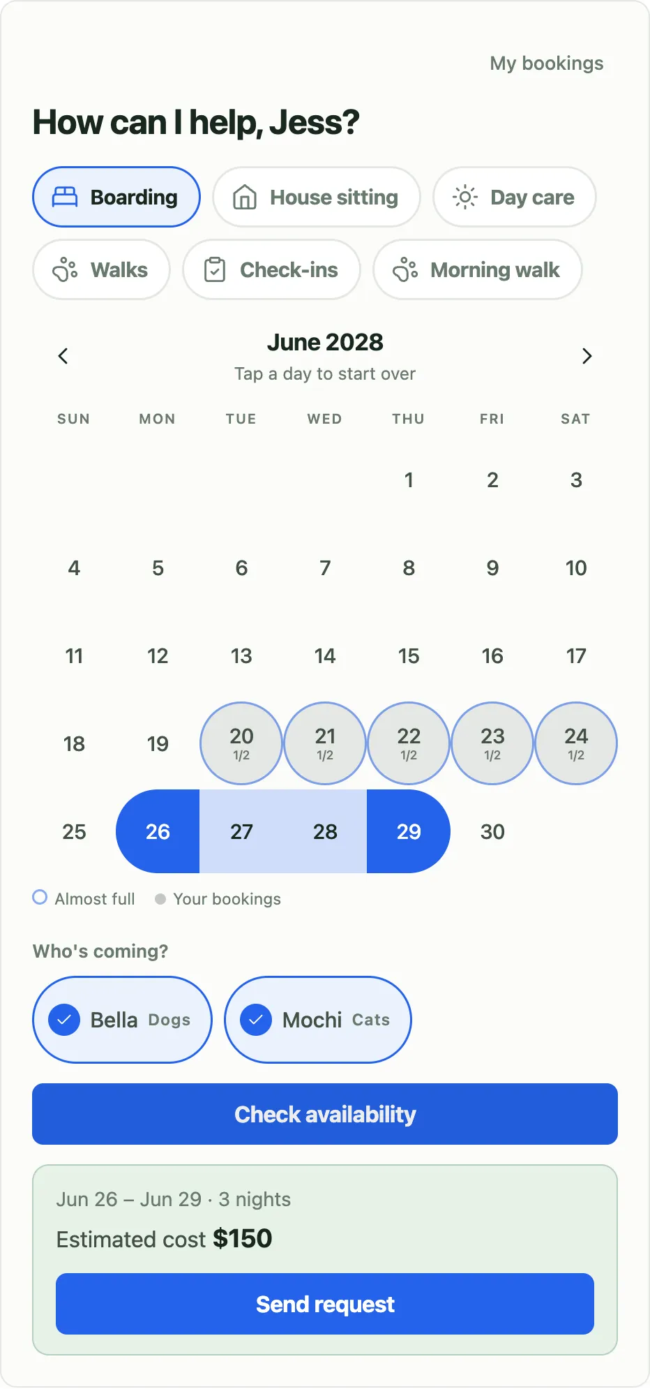 The Pawservation booking widget: a June calendar with a three-night boarding stay selected and a $150 quote